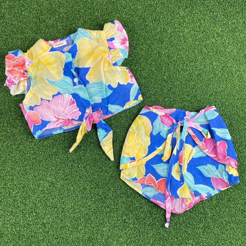 Vintage 70s Rodeo Drive Colorful Floral 2Pc Tie Front Bloomers & Ruffle Top Sz 2